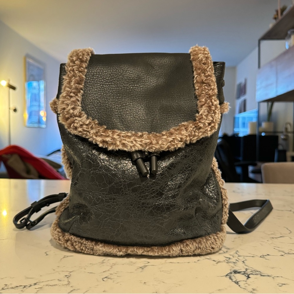 Rag & Bone Mini Pilot Backpack - Black Leather with Sherpa trim